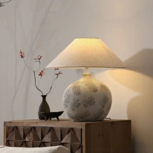 Arosa table lamp styled on rustic living room side cabinet with dried floral arrangements