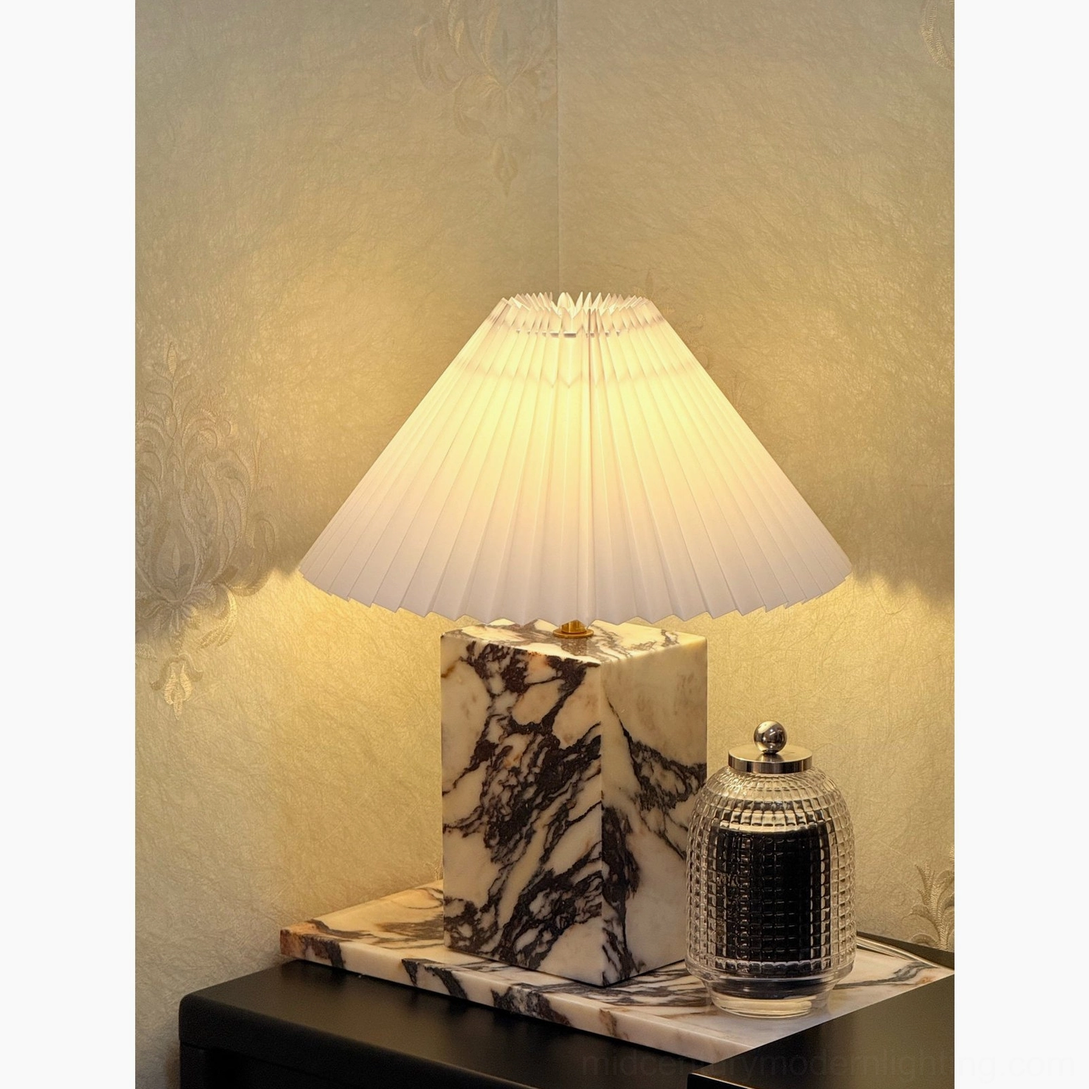 Arouca marble table lamp product lifestyle image with styling accessories and home décor elements