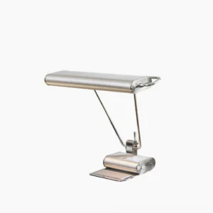 Art Deco 34 chrome adjustable table lamp front three-quarter view showcasing ribbed metal architecture and dual-arm design