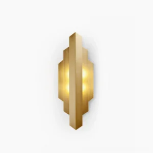Art Deco brass wall sconce with geometric stepped design and polished brass finish on white background