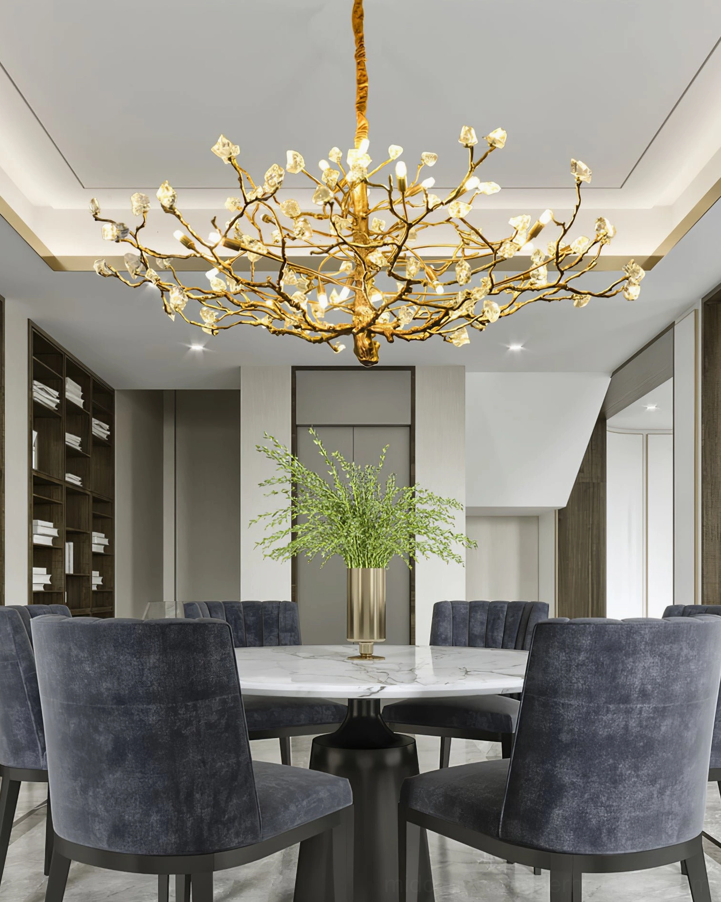 Hand-crafted glass stone accents on art deco brass branch chandelier close-up texture
