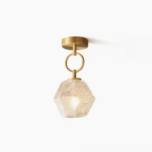 Art Deco diamond cut brass ceiling light with faceted opaque glass shade, front studio view