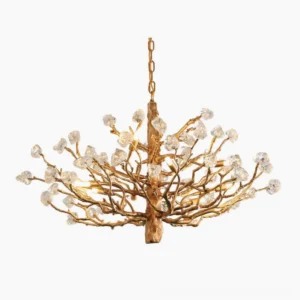 Art Deco brass gemstone branch chandelier front view studio shot with gilded metal branches and clear crystal accents