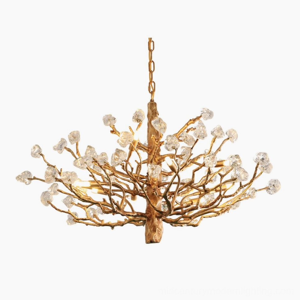 Art Deco brass gemstone branch chandelier front view studio shot with gilded metal branches and clear crystal accents