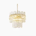 Art Deco two-tiered pearl beaded glass chandelier with gold frame - front overhead studio view