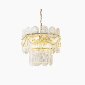 Art Deco two-tiered pearl beaded glass chandelier with gold frame - front overhead studio view