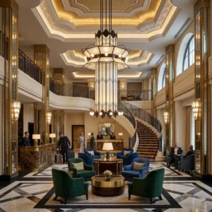 Manhattan Ziggurat chandelier hanging in luxury hotel grand lobby with green velvet seating and marble flooring