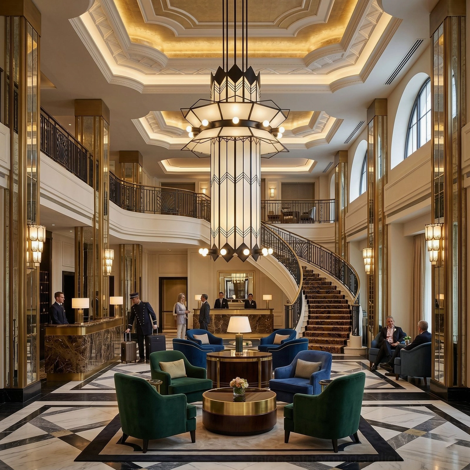 Manhattan Ziggurat chandelier hanging in luxury hotel grand lobby with green velvet seating and marble flooring