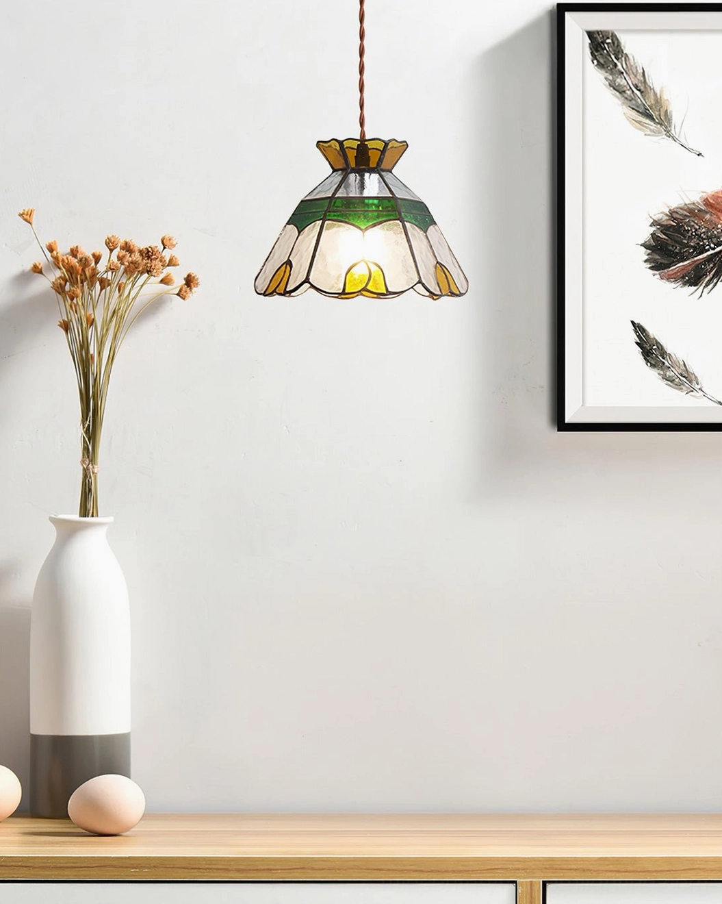 Art deco vitral stained glass pendant lamp with geometric patterns and jewel-tone glass colors