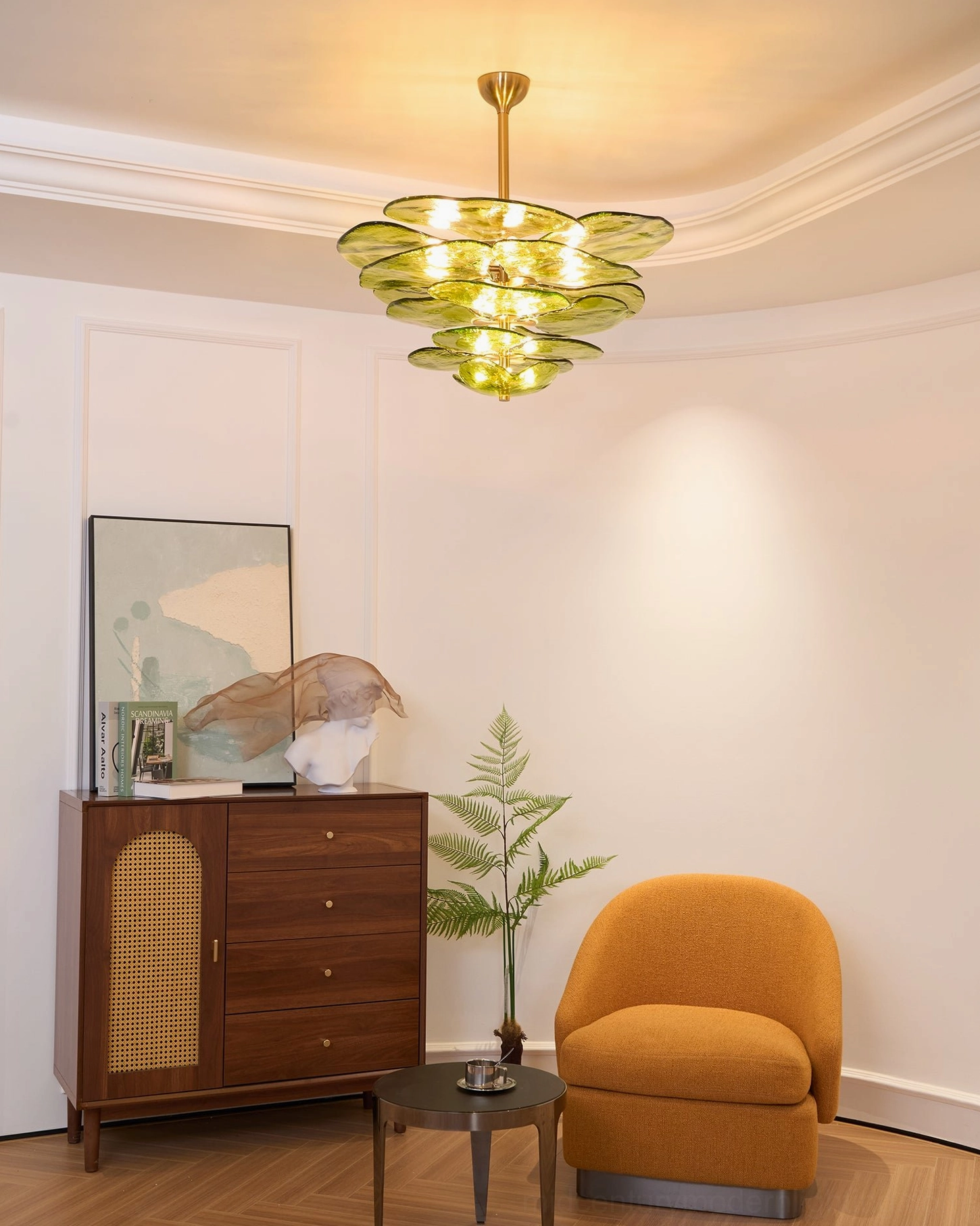 Art glass lotus leaf ceiling fixture with hand-blown petals and diffused ambient lighting