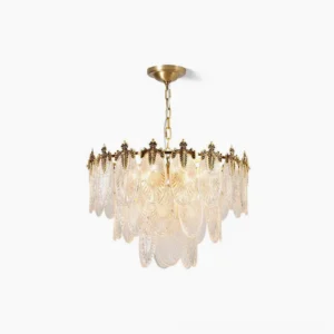 Art Nouveau brass leaves tiered chandelier with three suspended rings and fluted glass palmette pendants, overhead view on white background