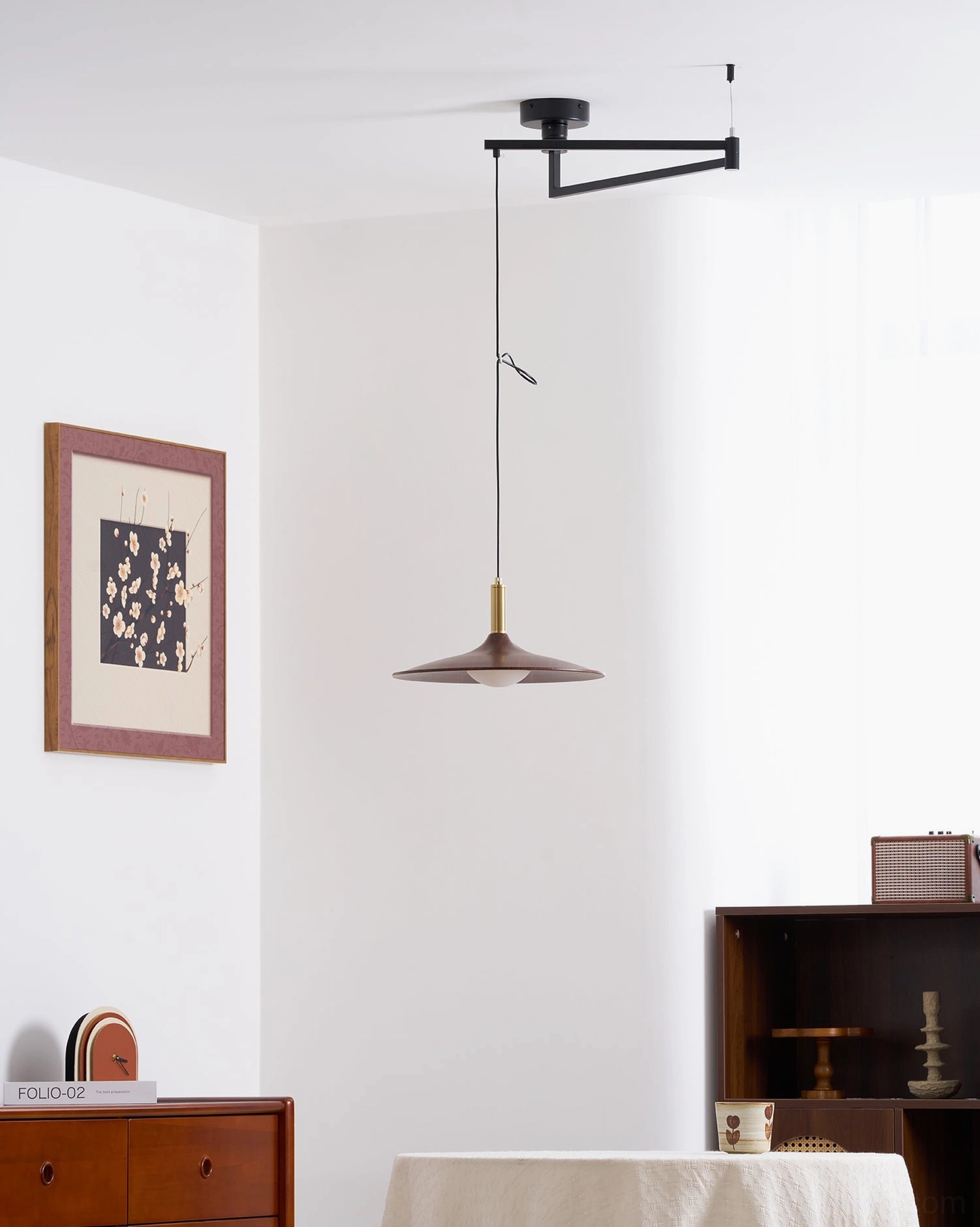 Adjustable swing arm pendant light black articulated arm living corner minimalist home
