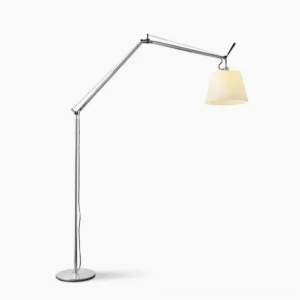 Articulating swing arm floor lamp with fog silver metal frame and white drum shade, studio frontal view, mid-century modern design