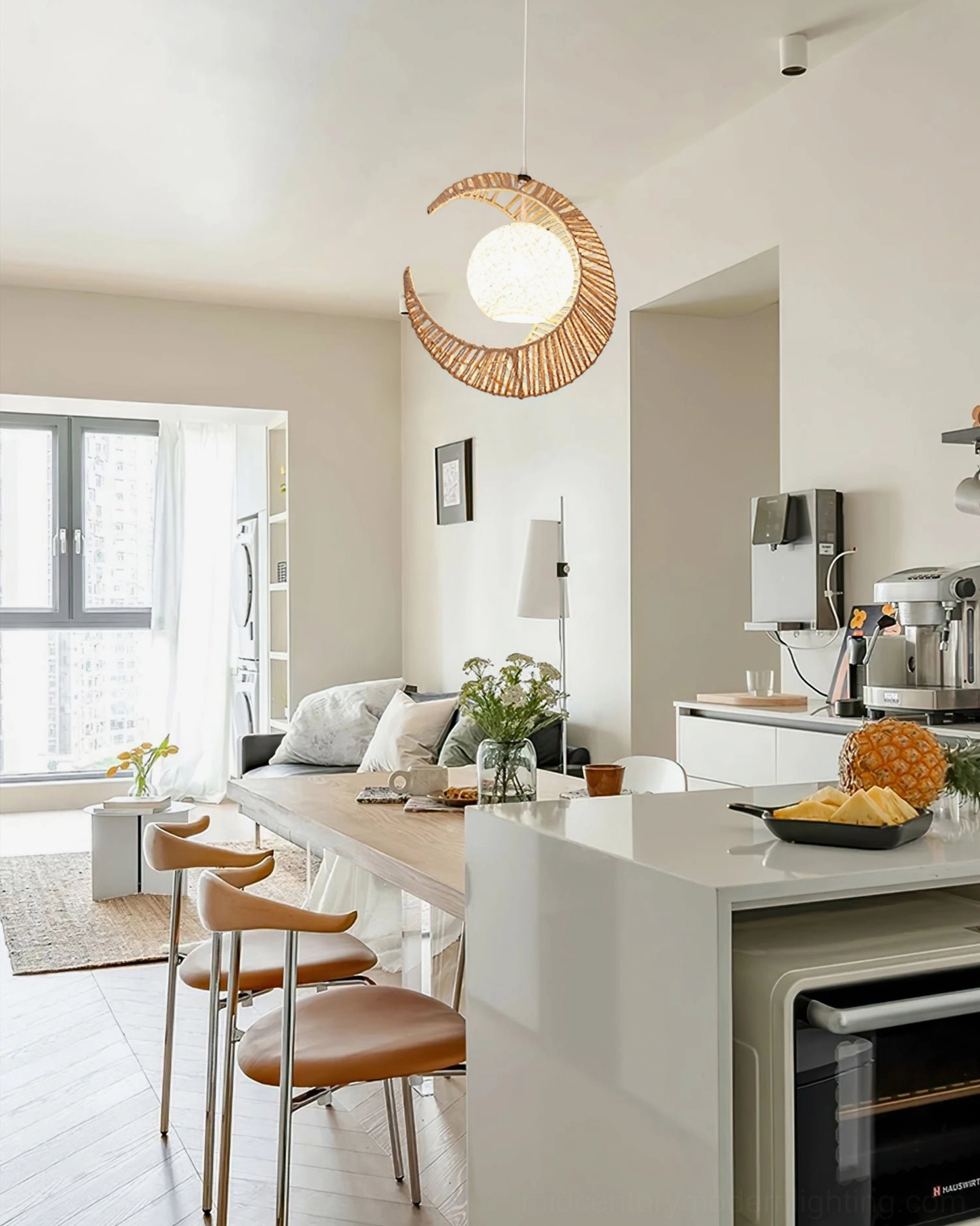 Hand-woven hemp rope moon pendant light fixture displayed against neutral background showcasing artisan craftsmanship