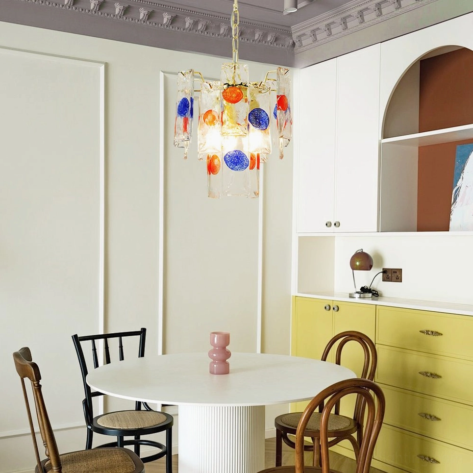 Mid-century stained glass pendant lamp with blue and red glass panels, complete product showcase, studio lighting