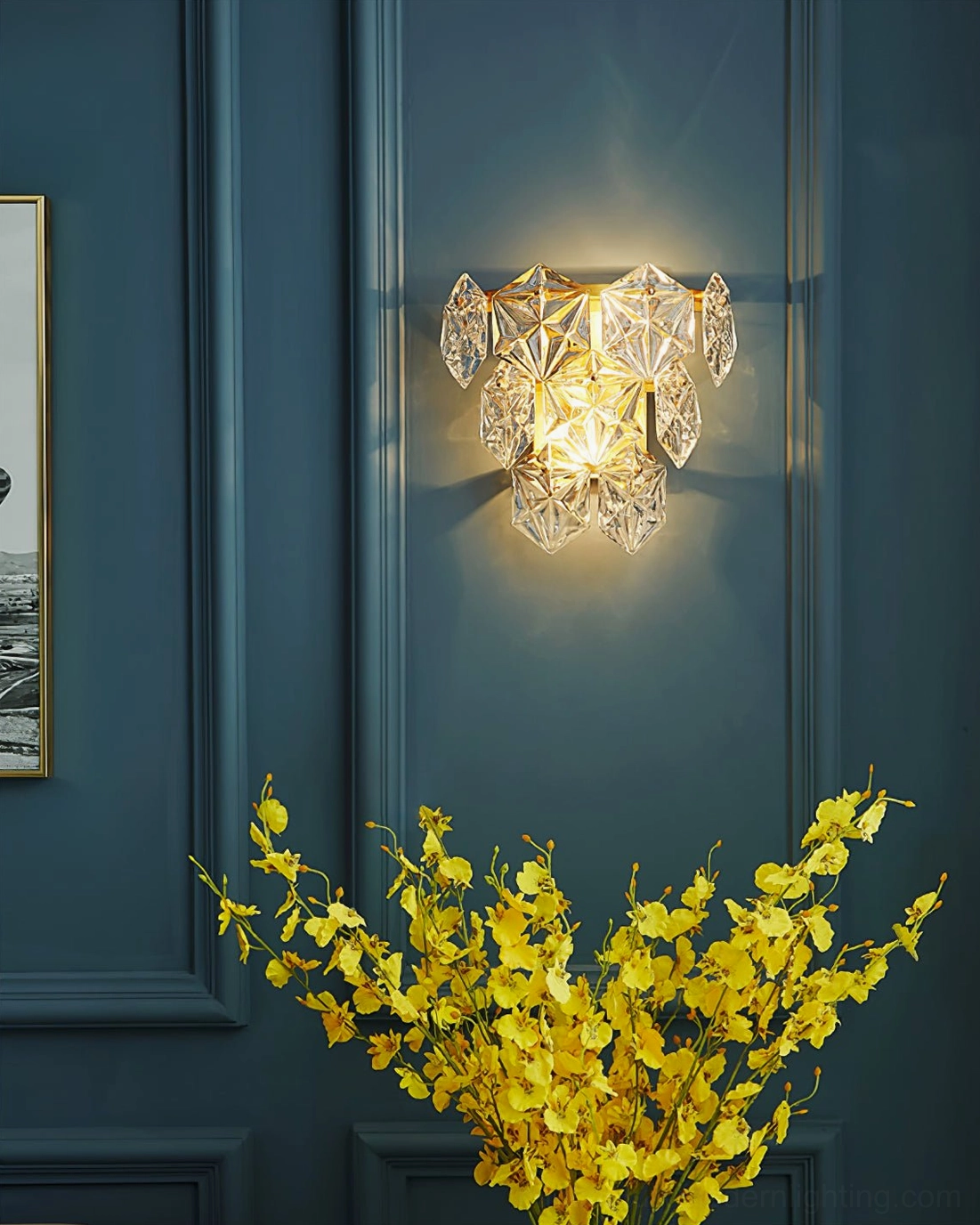 Geometric crystal wall lamp artistic installation modern interior design photography