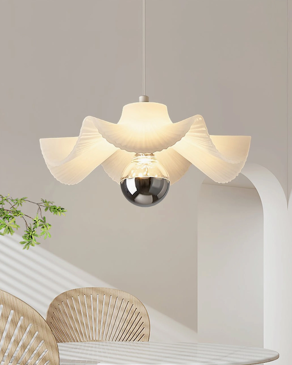 Artistic pleated shade pendant with metal base, contemporary minimalist ceiling light