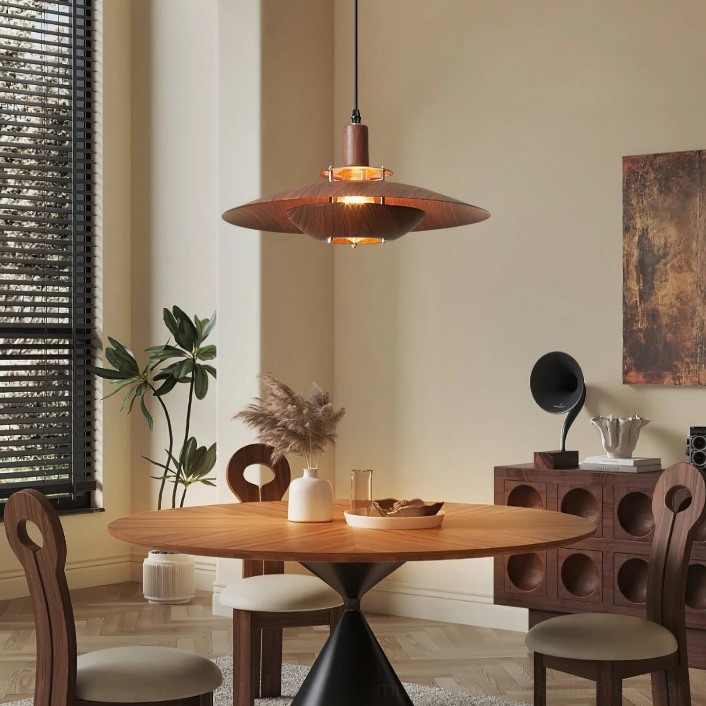 Arturest wood pendant light hanging in retro residential dining room with warm rustic home decor, eye-level interior view