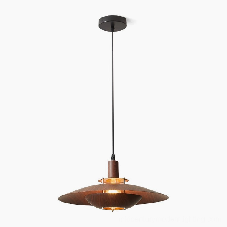 Arturest pendant light with exposed interior bulb and double-layer walnut shade, mid-century modern studio view