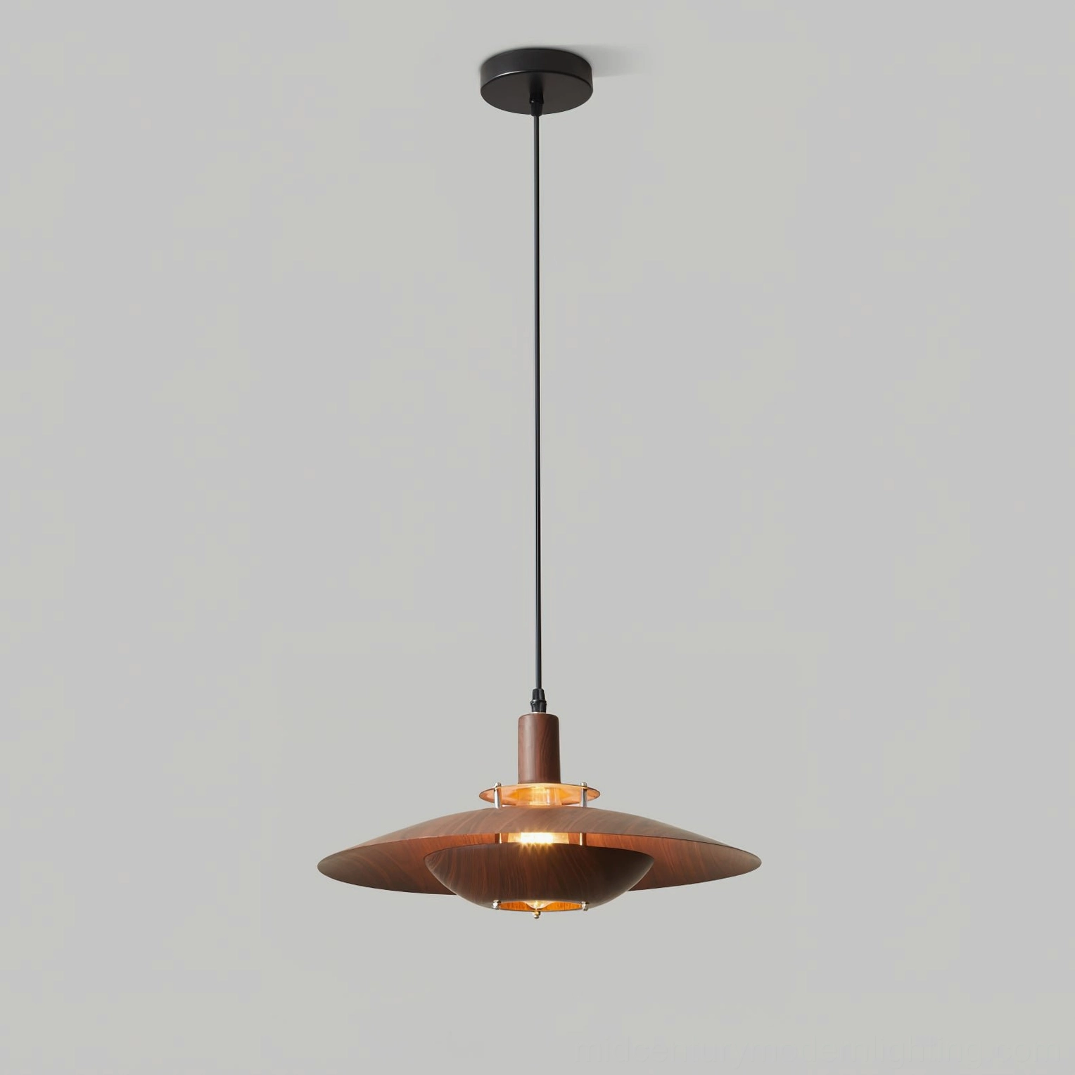Arturest saucer wood pendant light, minimalist mid-century modern sculptural form, studio frontal hanging view