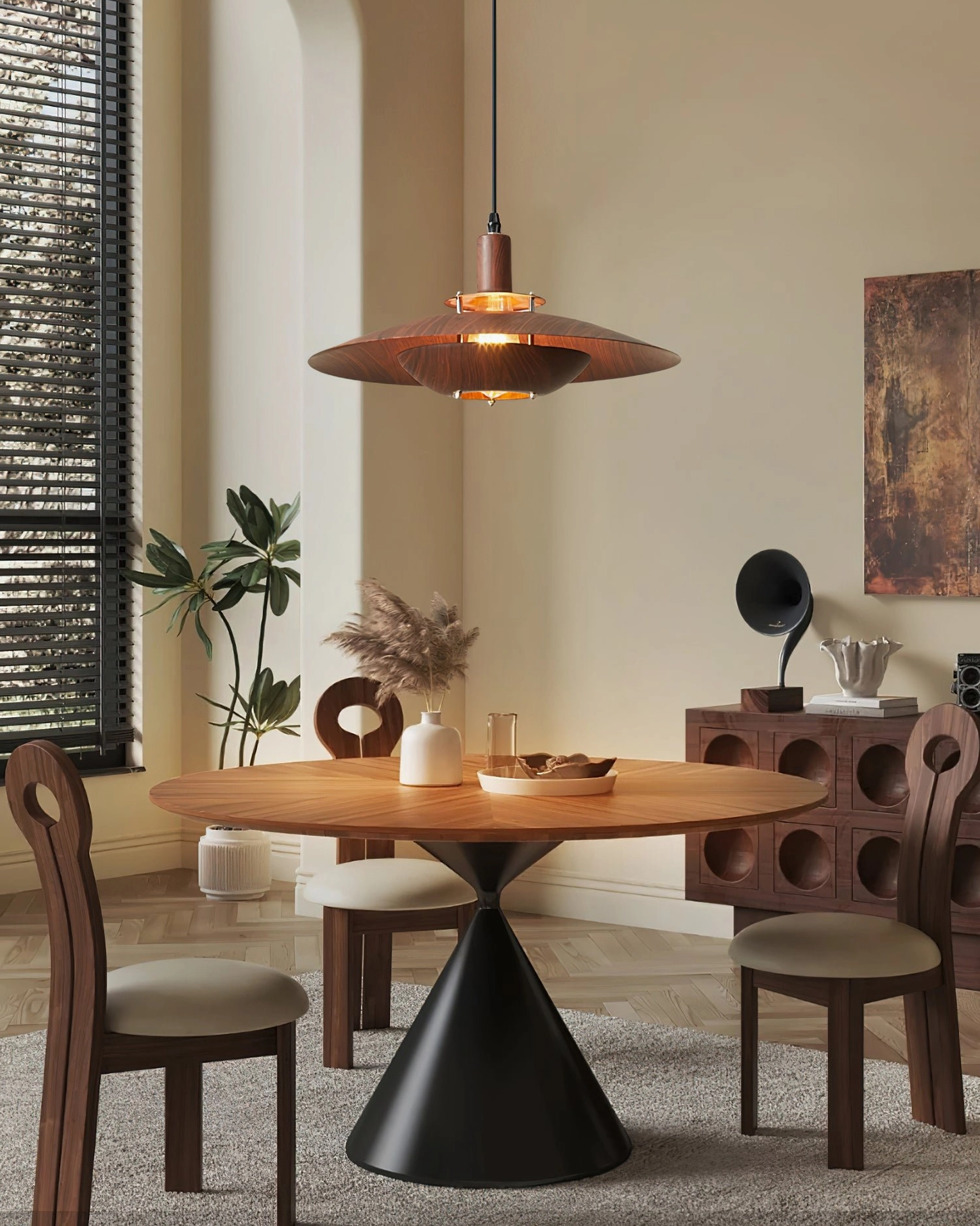 Arturest wood pendant light in warm retro dining room setting with traditional home furnishings, ambient lighting display