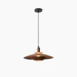 Arturest mid-century modern pendant light with walnut wood-grain metal finish, double-shade sculptural design, studio frontal view