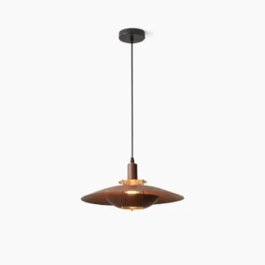 Arturest mid-century modern pendant light with walnut wood-grain metal finish, double-shade sculptural design, studio frontal view