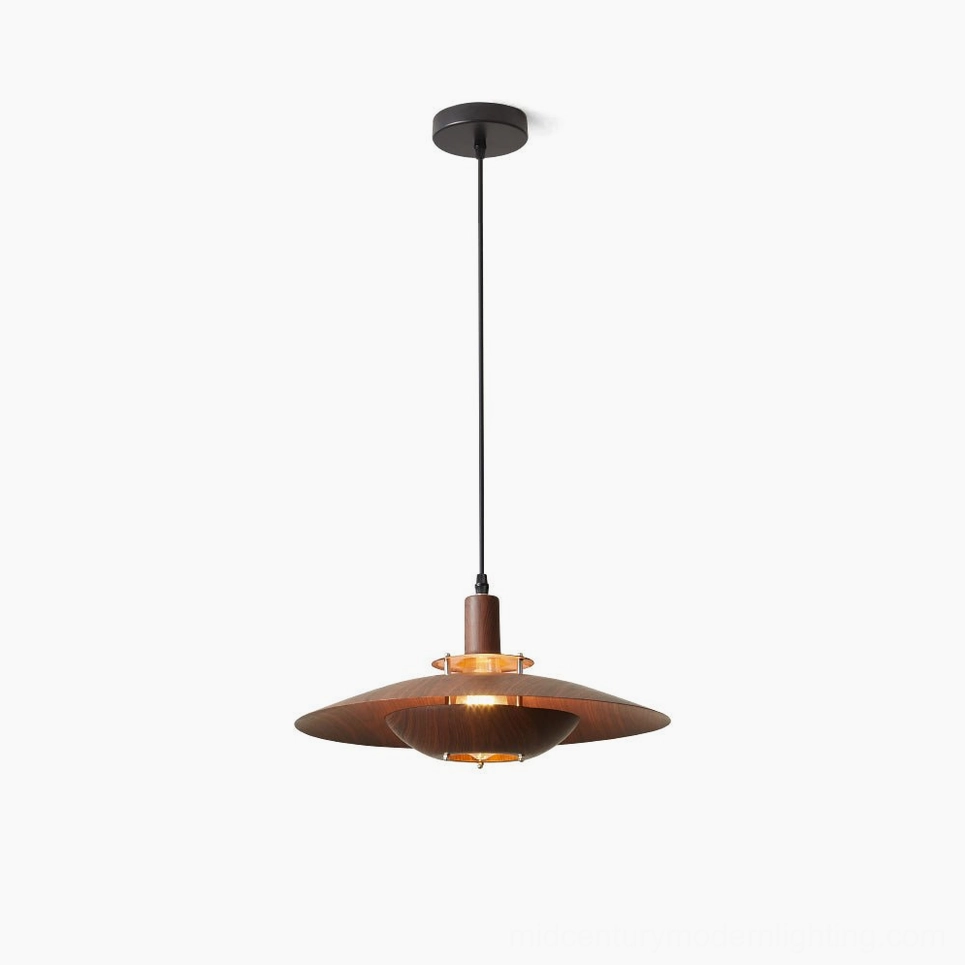 Arturest mid-century modern pendant light with walnut wood-grain metal finish, double-shade sculptural design, studio frontal view