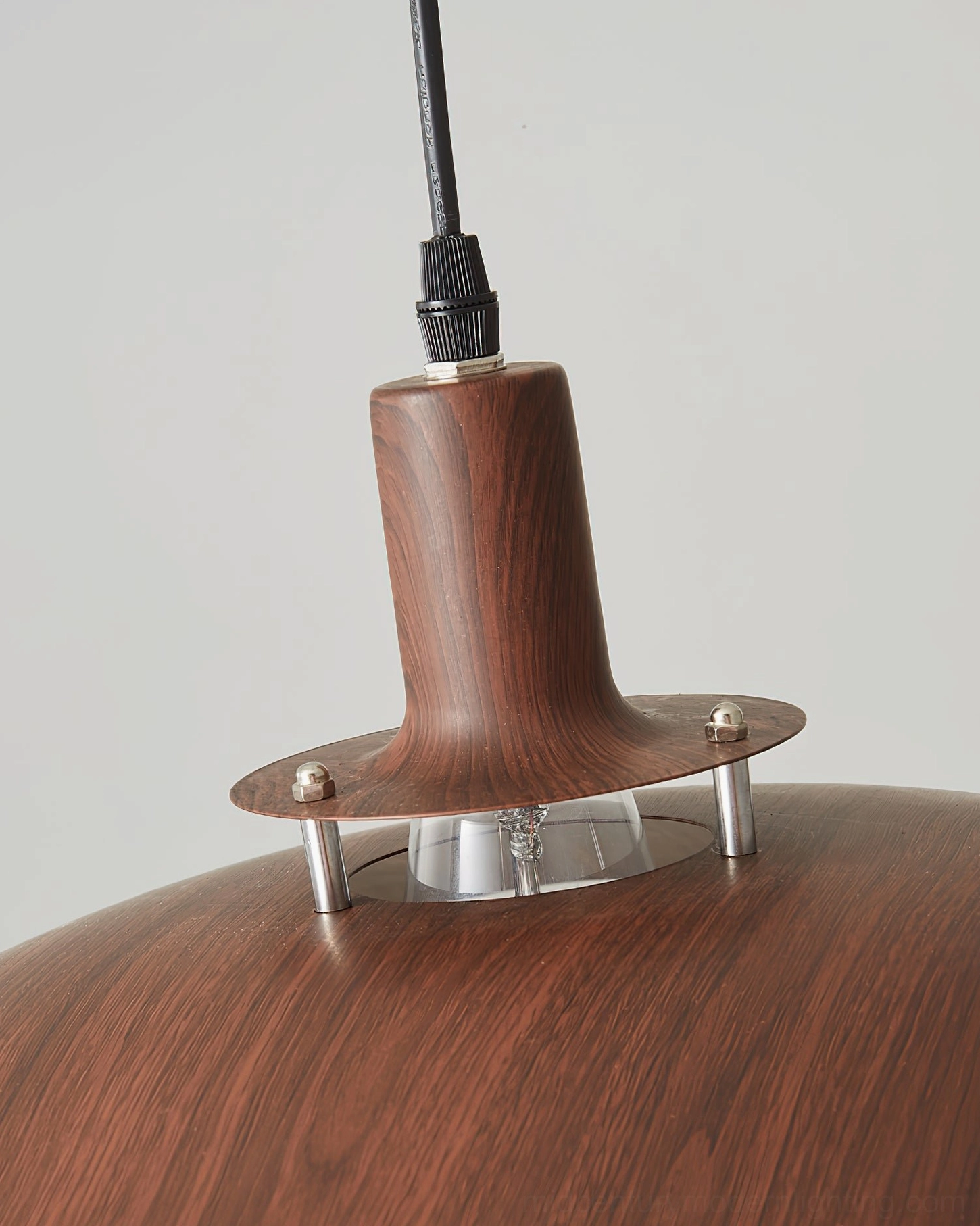 Arturest pendant light ceiling connection hardware, close-up detail showing wood-grain metal fasteners and mounting system