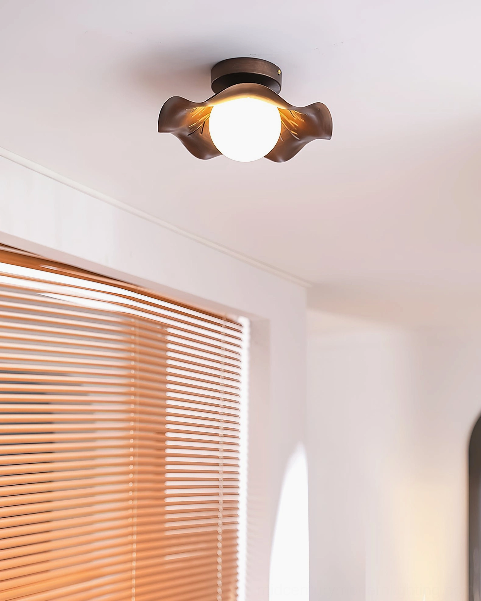 Arundel petal ceiling lamp overhead interior view wooden window blinds warm lighting