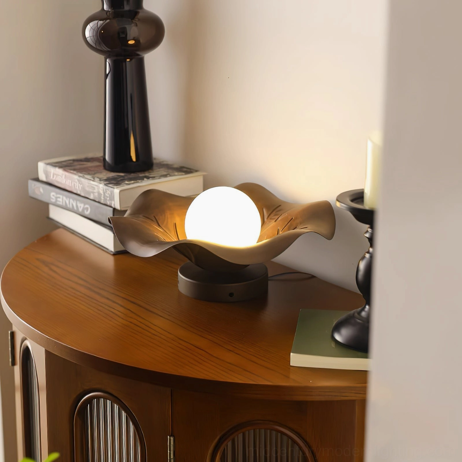 Arundel dark brown petal lamp side table round wooden surface vintage design detail