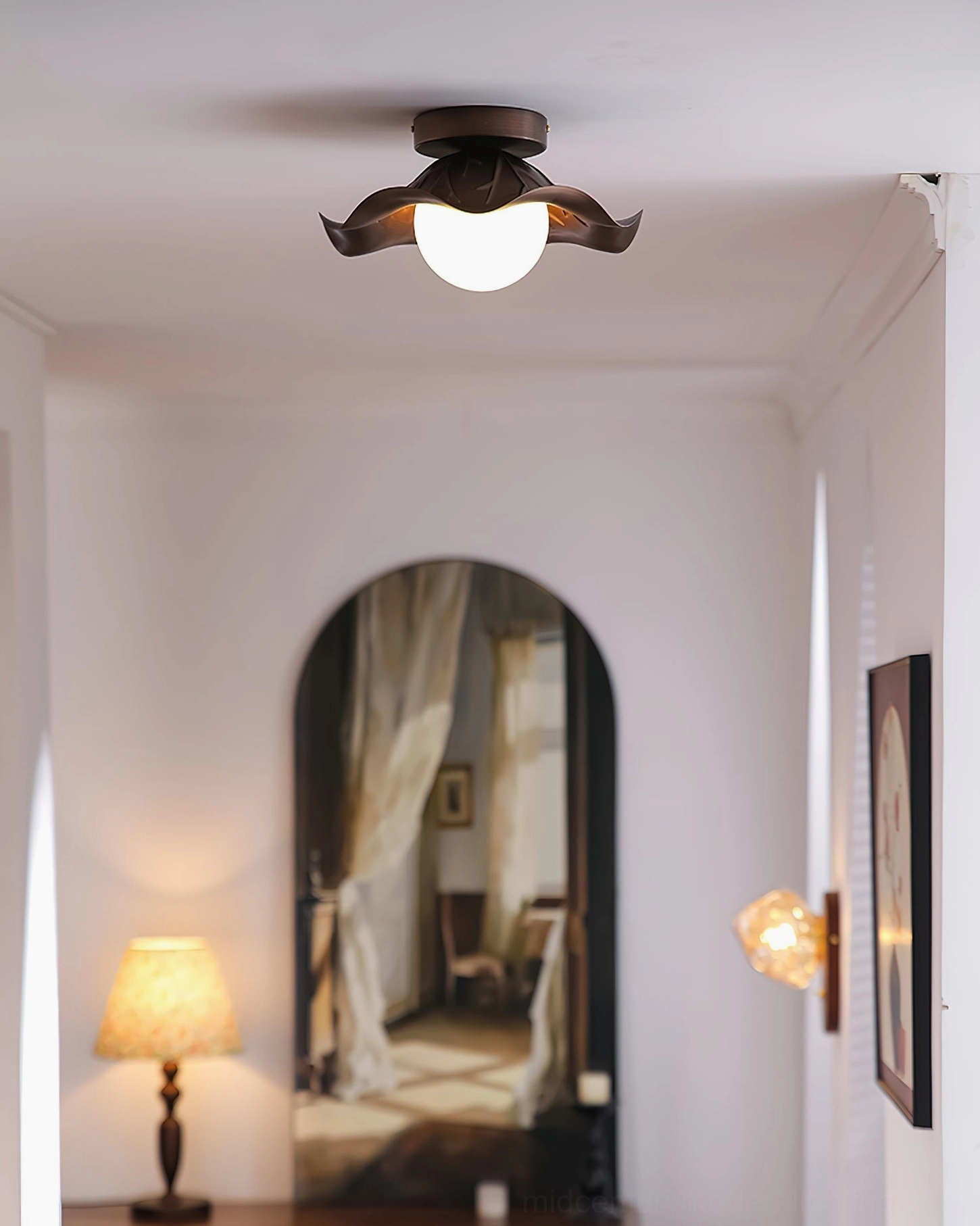 Arundel petal lamp installed in hallway low angle retro residential ceiling lighting