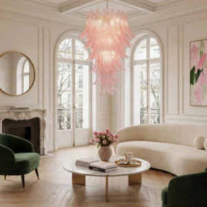 Asinara pink murano chandelier installed luxury living room warm ambient lighting neoclassical decor