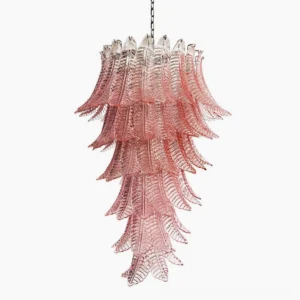 Asinara pink murano glass chandelier front view studio shot isolated white background cascading palm leaf tiers