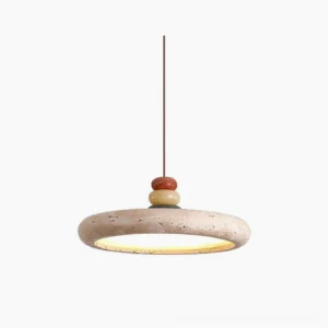 Aslo travertine pendant lamp with stacked colored accents - front view with warm LED glow on white background