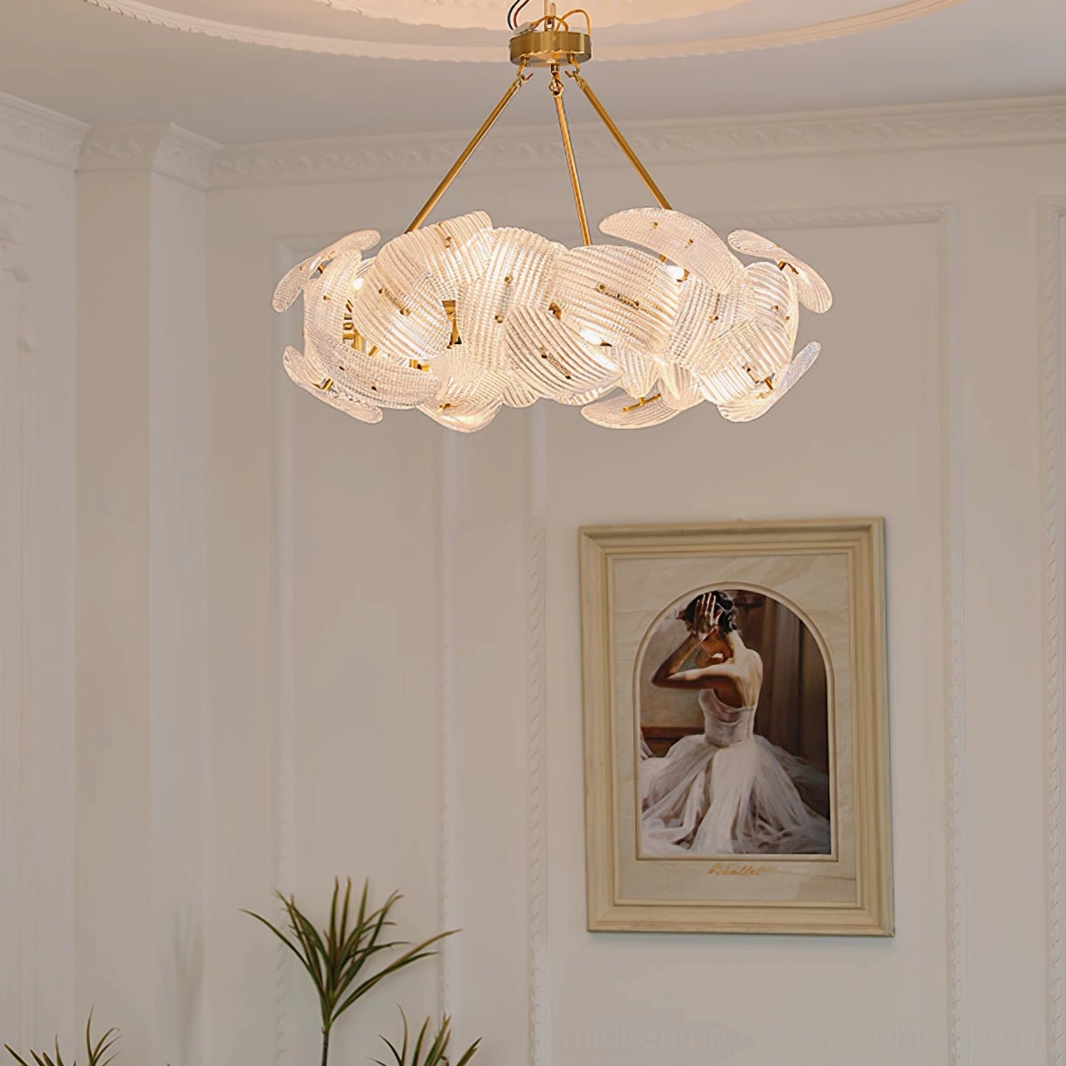 Aster glass shade chandelier gold metalwork interior styling inspiration