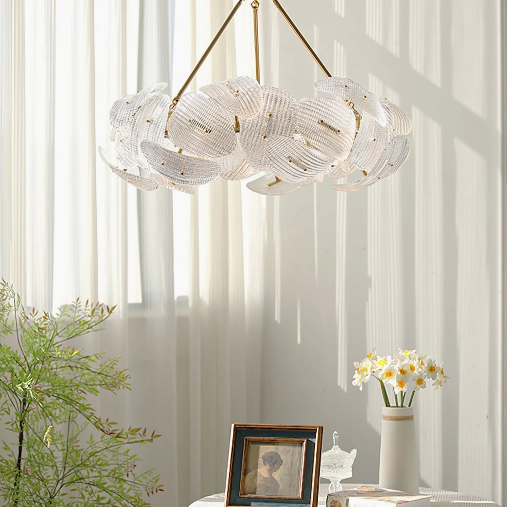 Clear glass ribbed Aster chandelier natural sunlight sheer curtain interior