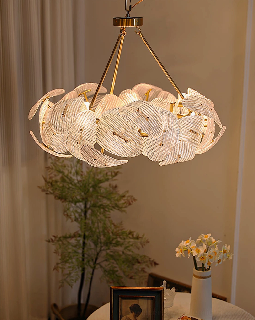 Aster cozy dining chandelier vintage home decor warm light table flowers