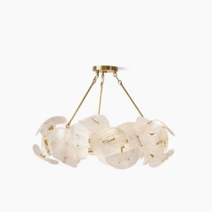 Aster gold chandelier with ribbed glass shades front view studio shot