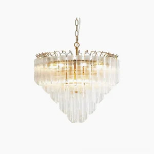 Astoria Waterfall Glass Chandelier front view - multi-tiered crystal glass tubes with brass frame on white background