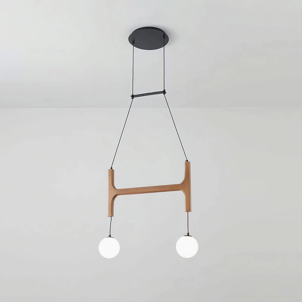 Astra 2-head wooden chandelier natural wood finish with frosted glass globe pendant lights