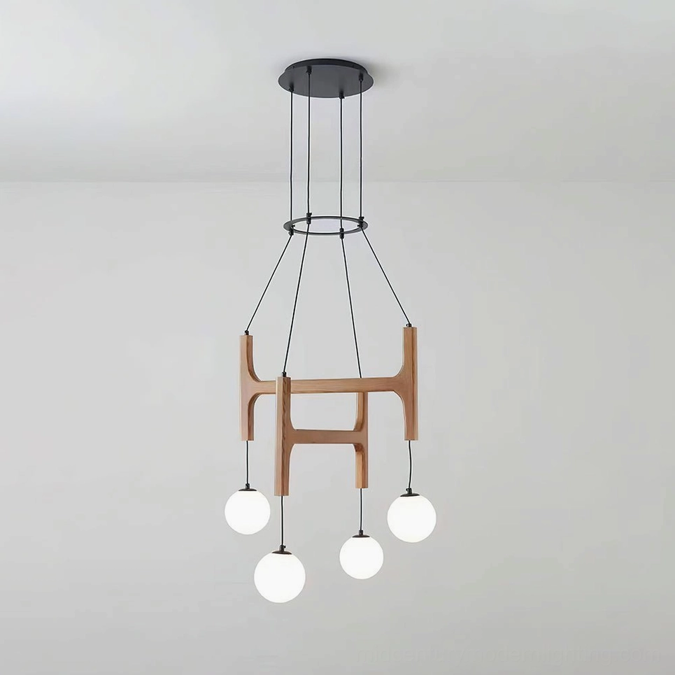Astra 4-head wooden chandelier natural wood color with geometric frame and multiple frosted pendants