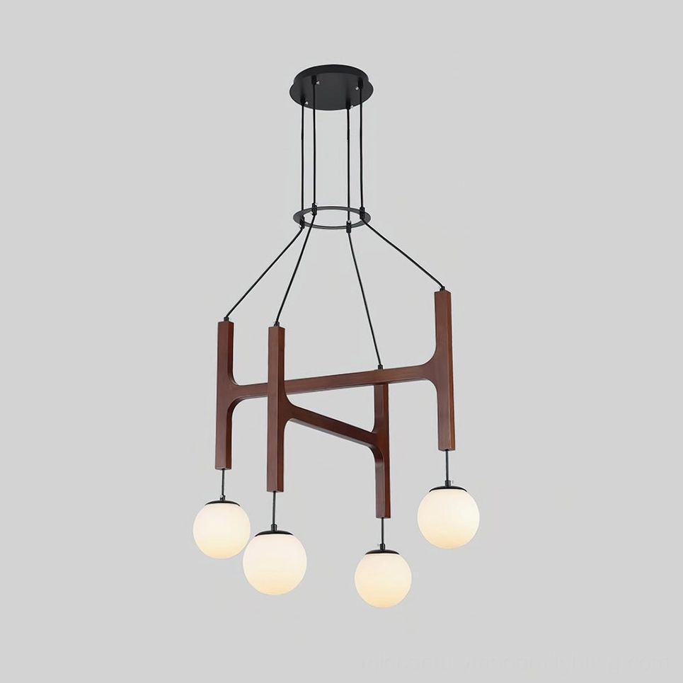 Astra 4-head wooden chandelier walnut finish with multiple frosted globe lights and metal suspension