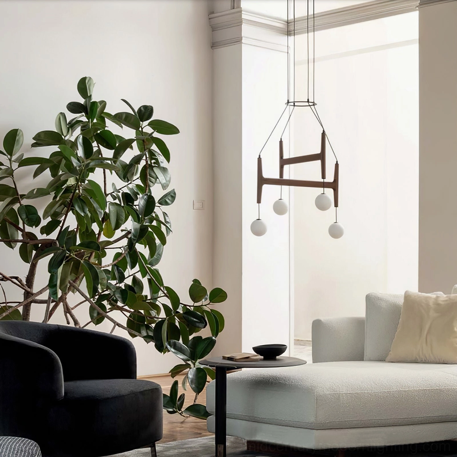 Compact 4-head Astra wooden chandelier in minimalist modern living room with cozy ambiance and floor lighting
