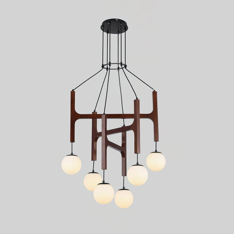 Astra 6-head geometric wooden chandelier walnut color with cascading frosted glass pendants
