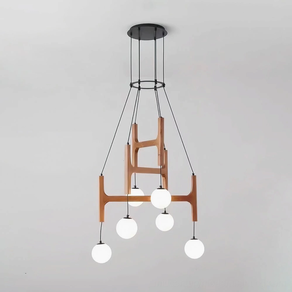 Astra 6-head wooden chandelier walnut color with multiple frosted glass pendants and geometric structure