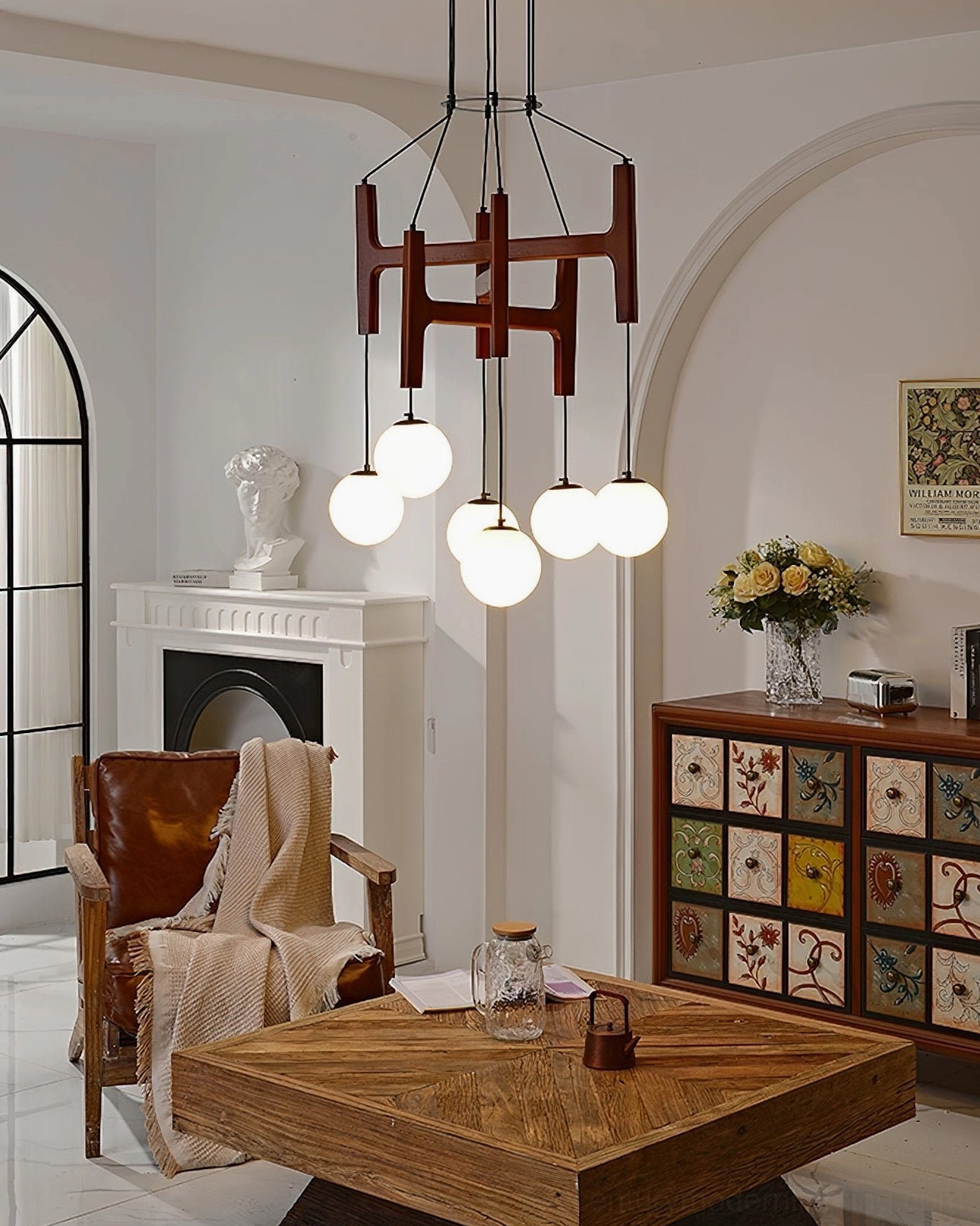 6-light Astra wooden chandelier with warm white globe bulbs in vintage living room with fireplace decor