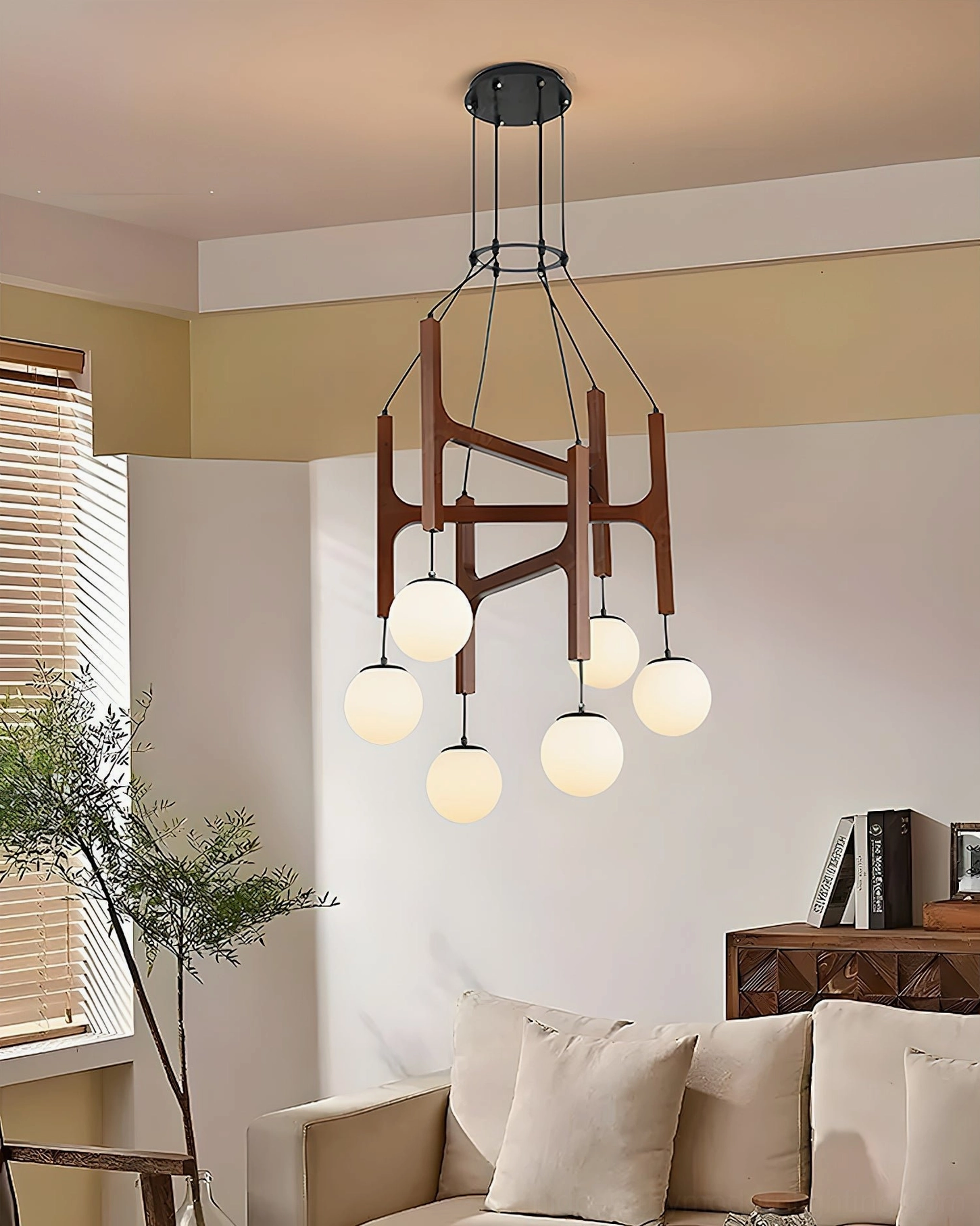 8-light Astra wooden chandelier with black metal ceiling fixture and frosted glass globe pendants in minimalist bright living room