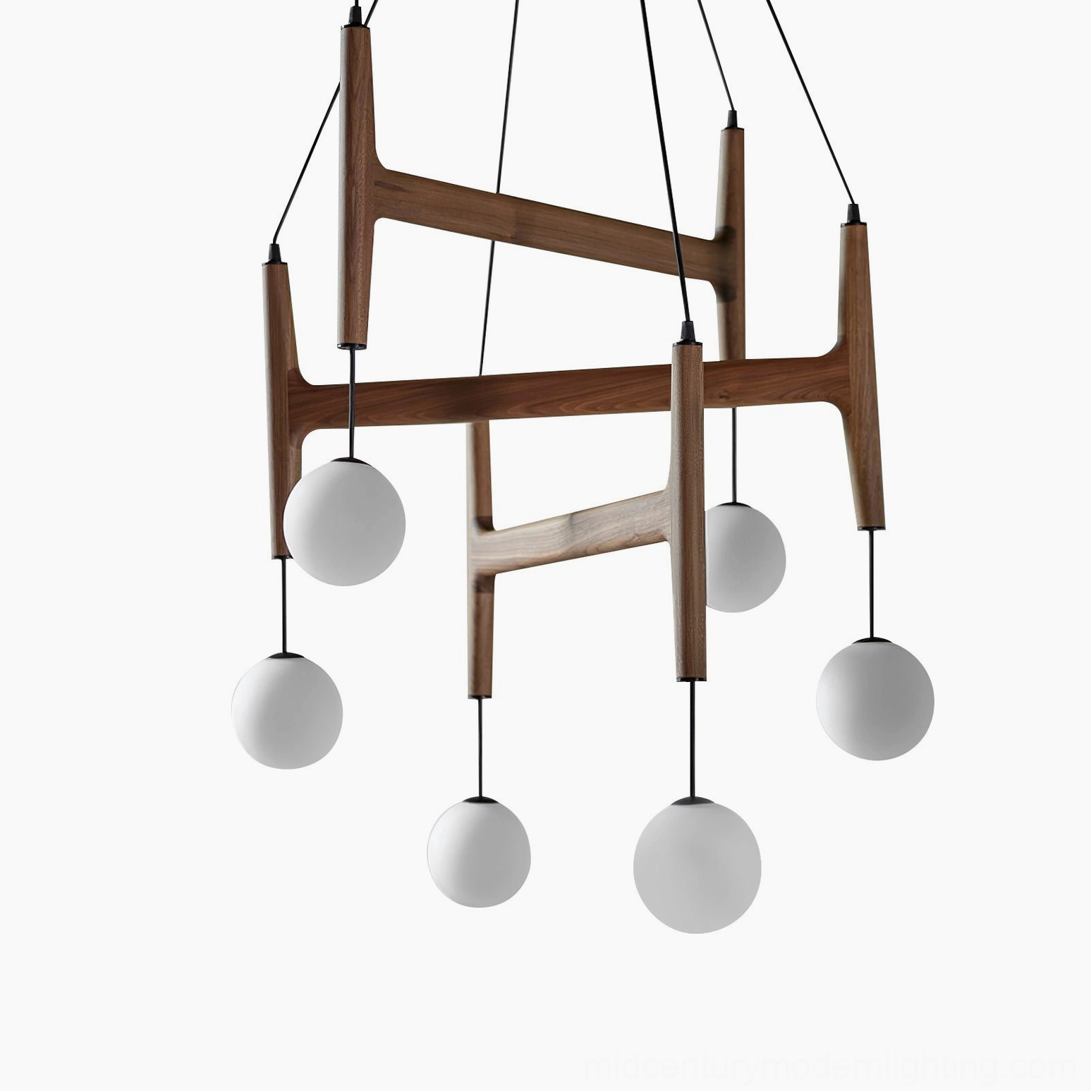 Astra geometric wooden chandelier with warm white LED or Edison bulb compatibility in frosted globes