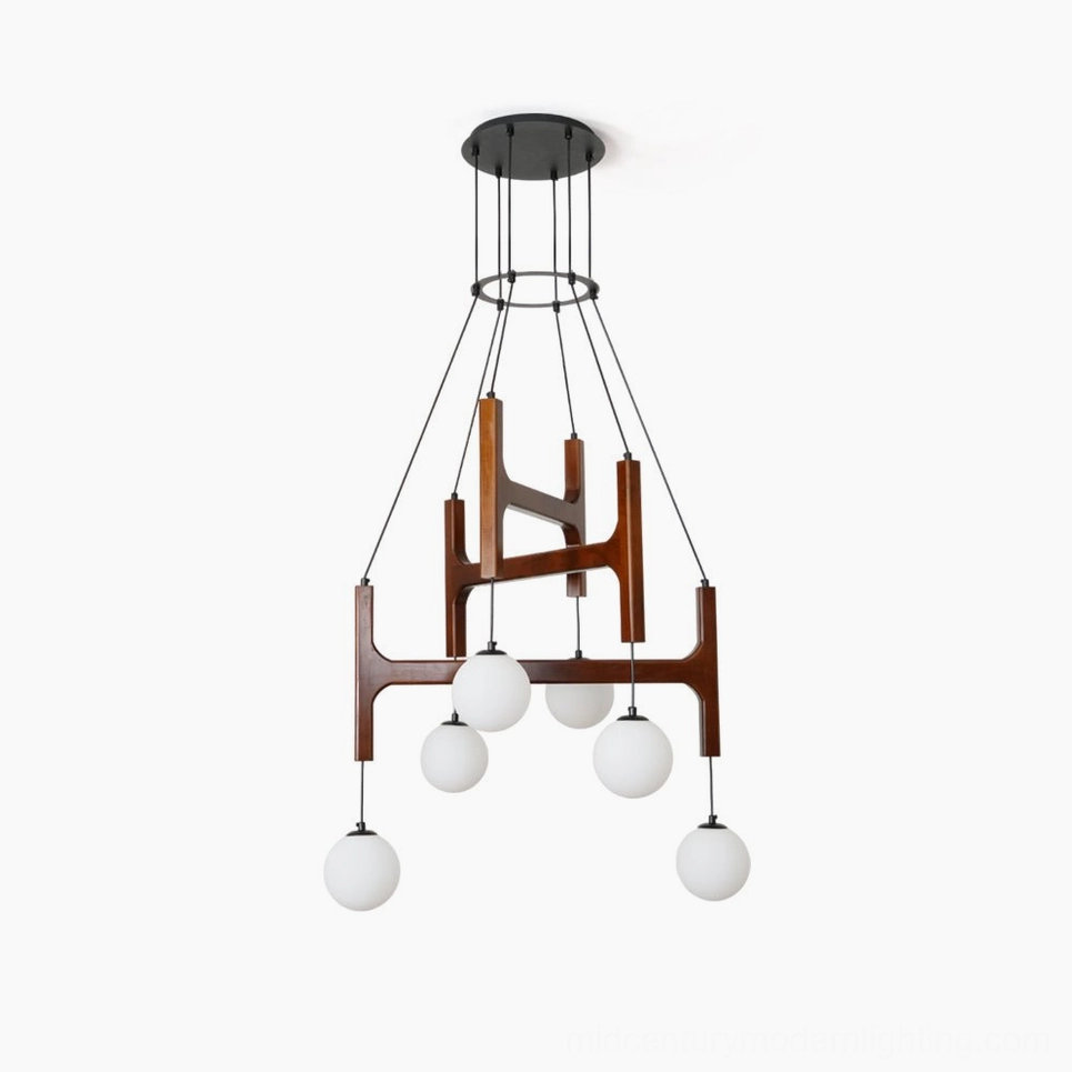 Astra mid-century modern wooden chandelier with geometric frame and multiple frosted glass globe pendants on white background, overhead view